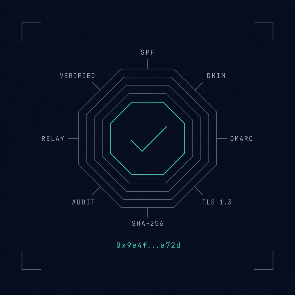 Verification emblem with SPF, DKIM, DMARC, TLS 1.3, SHA-256, AUDIT, RELAY, VERIFIED labels